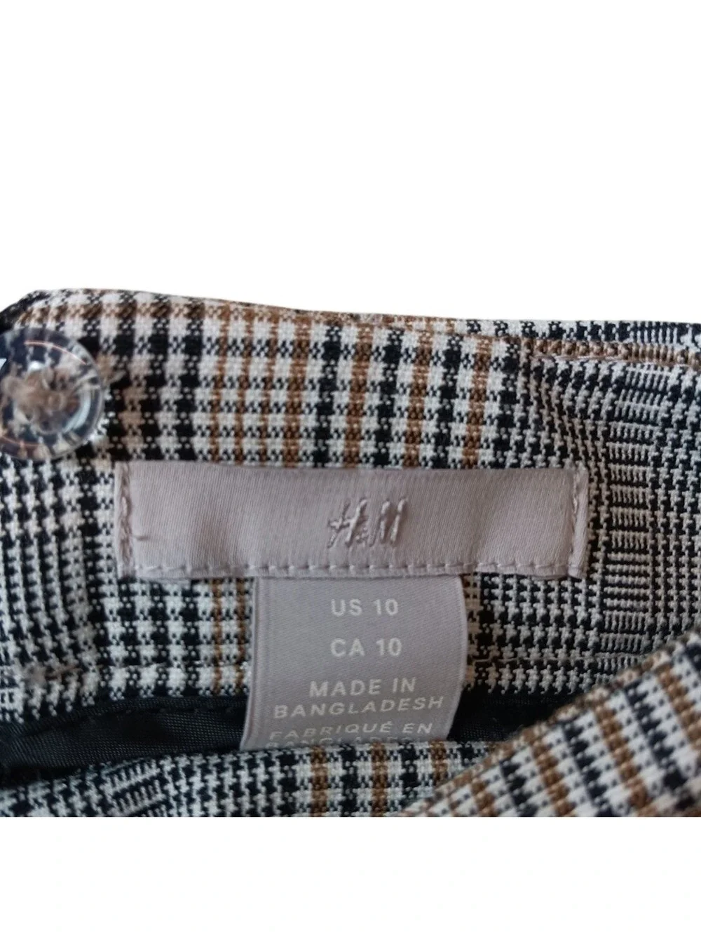 H&M Women's Tan Black Plaid Gold Buttons Zip Up High Waist Pencil Skirt Size 10